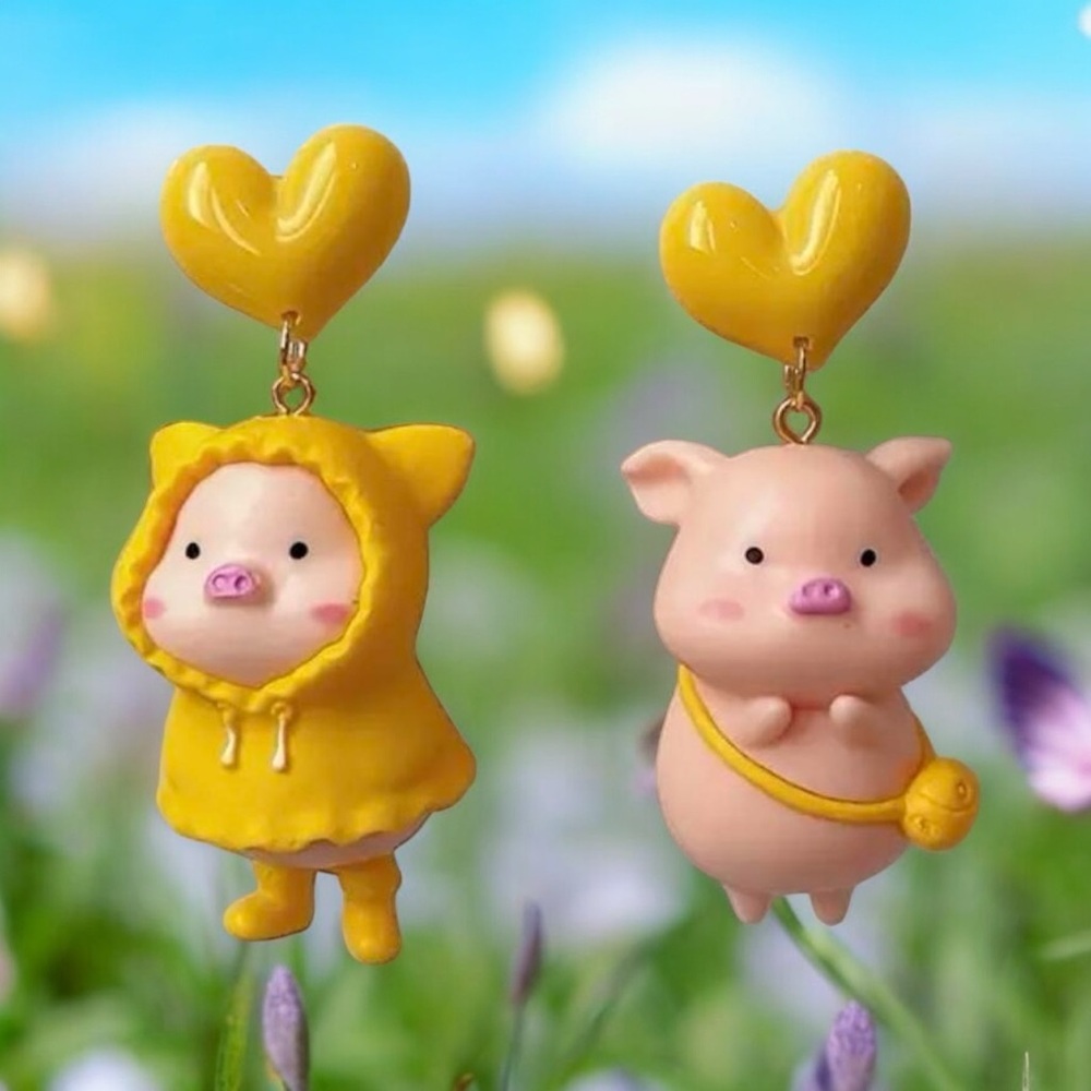 Charming Heart & 3D Piggy Mismatched‎ Drop Earrings - Versatile Accessories - Picture 2 of 11